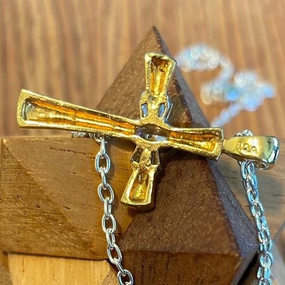 Vintage Gold and Silver Cross Pendant Necklace with CZ - Picture 3 of 6